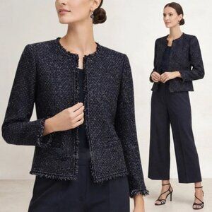 J.Crew Navy Blue Shimmer Tweed Fringe Collarless Blazer NWOT Size 6